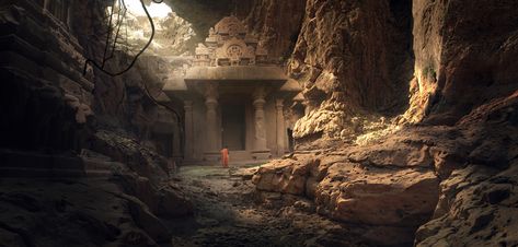 THE CAVE TEMPLE, rupesh mishra on ArtStation at https://www.artstation.com/artwork/0XD6e5 Cave Temple, Jungle Temple, Temple Art, Perspective Art, The Cave, Scene Design, Ancient Temples, Matte Painting, Lost City