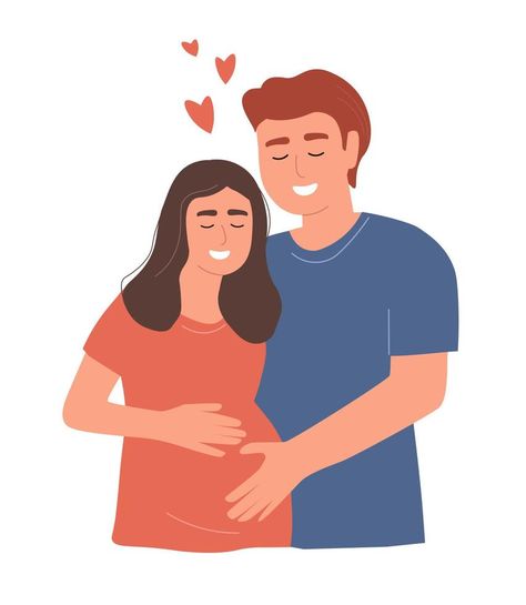 A couple of happy future parents. A pregnant woman is expecting a baby. Husband and wife hug. Vector graphics. Dairy Illustration, Oc Poses, Future Parents, Happy Future, A Pregnant Woman, Expecting A Baby, Vector Food, Pregnant Wife, Pregnant Woman