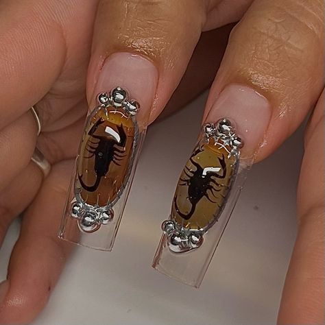 Bugs/ scorpions in amber for Scorpio sznnnn ♏️ 🦂 | Instagram Nail Contest, Horror Nails, Nails Only, Halloween Nail Art, Birthday Nails, Fire Nails, Funky Nails, Nail Extensions, Dope Nails