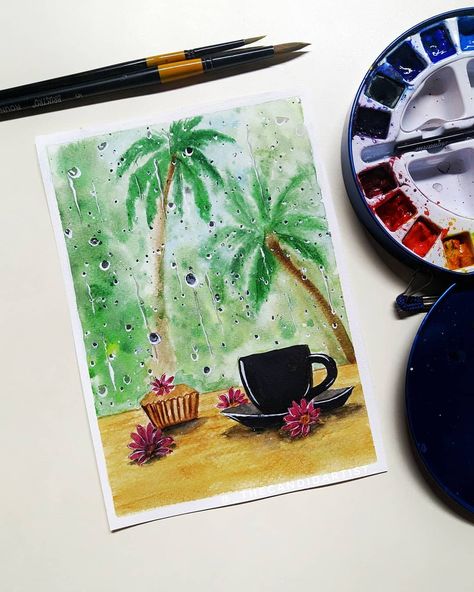 Monsoon Painting Ideas, Monsoon Painting Rainy Days, Monsoon Drawings Ideas, Tea Cups Painting, Monsoon Painting, Inspiration Painting Ideas, Cold Painting, Rain Droplets, Creative Book Cover Designs