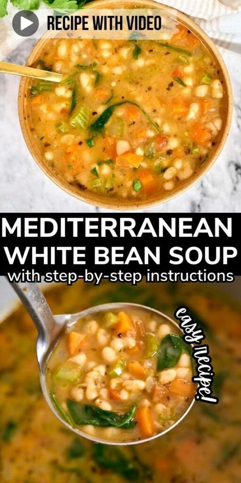 This creamy Mediterranean White Bean Soup is quick, delicious, nutritious, and comforting. It's simple to make and comes together in less than 30 minutes. No exotic ingredients, no complex steps – just good, wholesome cooking. Mediterranean Bean Soup, Mediterranean White Bean Soup, Fire Roasted White Bean Soup, Mediterranean Soup Recipes, Mediterranean Soup, Low Calorie Soup Recipe, Low Calorie Soup, Sheet Pan Dinners Recipes, Best Soup Recipes