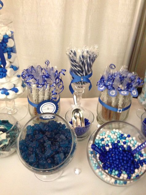 Royal Blue And Silver Candy Table, Candy Bar Ideas Quinceanera, Navy Blue Candy Table, Royal Blue And Silver Dessert Table, Navy Blue And Silver Sweet 16 Decorations, Royal Blue Dessert Table, Navy Blue And Silver Quinceanera Ideas, Blue Sweet 16 Party Ideas, Blue Silver Quinceanera