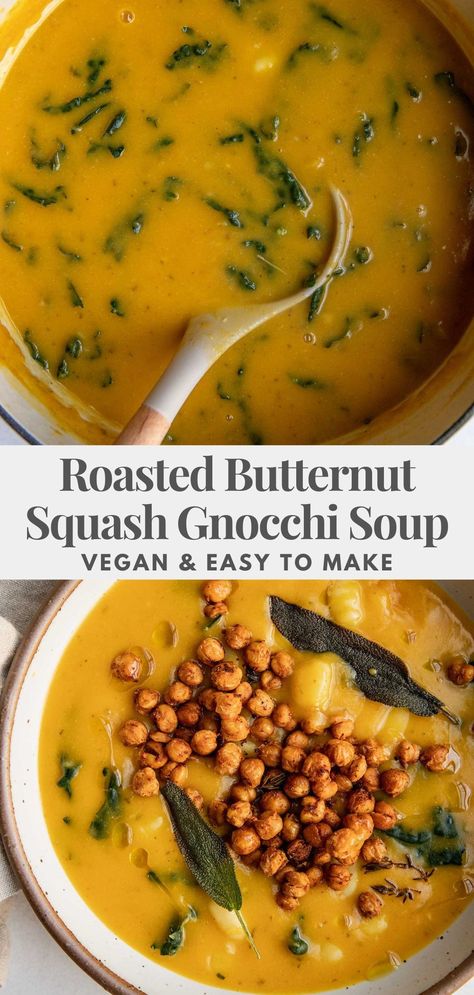 This Roasted Butternut Squash Gnocchi Soup is a bowl of creamy comforting nourishment. Easy to make and loaded with umami flavor. Vegan Stews, Butternut Squash Gnocchi, Butternut Squash Benefits, Squash Gnocchi, Vegan Stew, Roasted Butternut Squash Soup, Gnocchi Soup, Wfpb Recipes, Vegan Snack