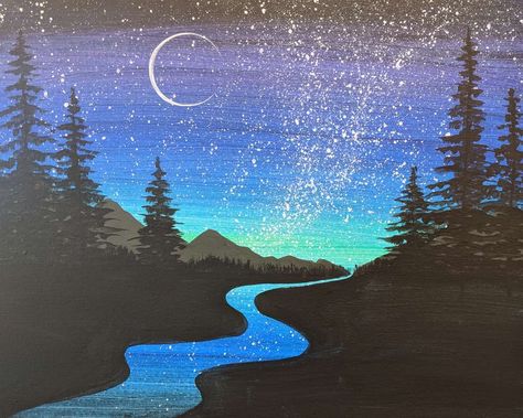 Beautiful Night Sky, Night Sky Painting, Cute Canvas Paintings, Easy Canvas Art, Easy Canvas Painting, Acrylic Painting For Beginners, Sky Painting, Beautiful Night, Acrylic Painting Tutorials