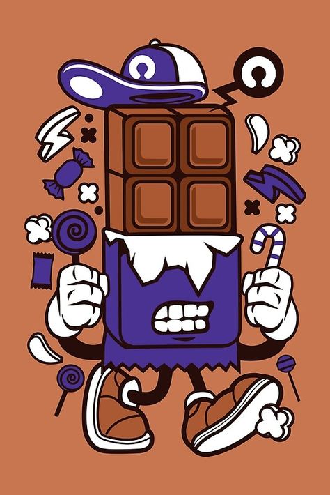 Chocolate bar Cartoon Character fun design for chocolate lovers. Cartoon Chocolate Bar, Chocolate Character Design, Chocolate Cartoon Cute, Chocolate Bar Drawing, Chocolate Bar Illustration, Chocolate Doodle, Chocolate Character, Cartoon Chocolate, Chocolate Illustration