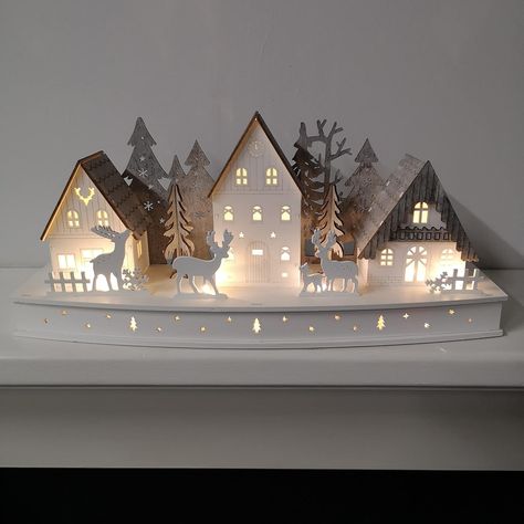 Samuel ALEXANDER 44cm Battery Light Up Warm White Christmas Winter Wooden Village with Reindeer Scene Warm White Christmas, Outdoor Wall Panels, Reindeer Lights, Winter Village, Village Scene, Wooden Light, Holiday Tablescapes, Battery Lights, Warm White Light