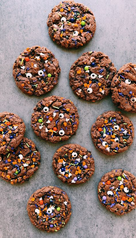 Double Chocolate Monster Mash Halloween Cookies Halloween Sprinkles, Spooky Treats, Monster Mash, Leaves Fall, Halloween Cookies, Double Chocolate, Cookies Ingredients, White Chocolate Chips, Food Reviews