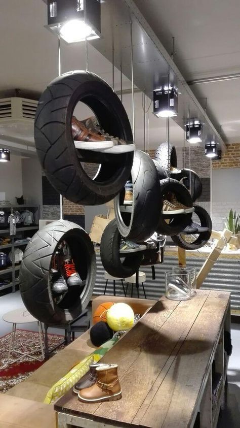 24 Useful Home And Garden Ideas Using Old Tires - 170 Motorcycle Showroom Interior, Garden Ideas Using Old Tires, Tires Diy, Indoor Succulent Planter, Diy Garage Storage Cabinets, Shoe Store Design, Side Tables For Bedroom, Workshop Garage, Car Part Furniture