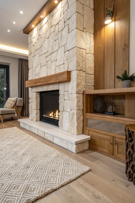 Use materials like wood, stone, or metal to create a warm and inviting atmosphere. These elements add texture and depth to your fireplace surround. Chevron Fireplace Surround, Stone Fireplace With Wood Surround, Stone Fireplace With Mantle, Fireplace With Mantle, Stone Fireplace Mantle, Modern Stone Fireplace, Natural Stone Fireplace, Stone Fireplace Surround, Arch Inspiration