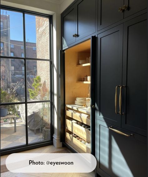 Railings #31 by Farrow & Ball Kitchen Millwork, All Black Kitchen, Stocked Pantry, Brooklyn Kitchen, Athena Calderone, Meals At Home, Pantry Staples, Humble Abode, Kitchen Cabinetry