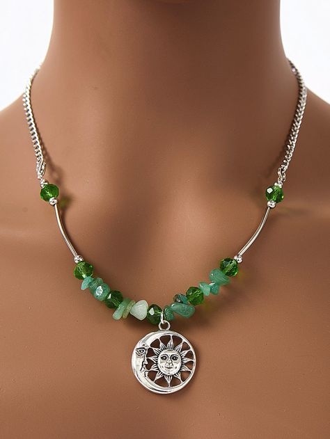 Green  Collar  Stone   Embellished   Fashion Jewelry Sun And Moon Pendant, Embellished Fashion, Scarf Rings, Moon Pendant Necklace, Green Beads, Moon Charm, Anklet Bracelet, Sun And Moon, Anklet Jewelry