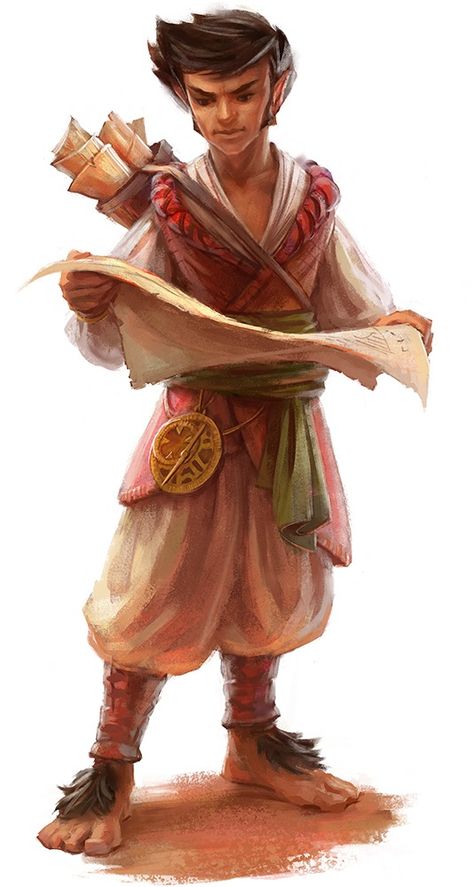 Halfling explorer, dark hair, baggy pants, map case on back, examining a map in hands. Pathfinder Character, Heroic Fantasy, Pathfinder Rpg, Fantasy Races, Dungeons And Dragons Characters, Brown Art, Wow Art, Fantasy Rpg, Fantasy Inspiration