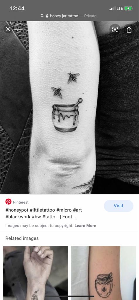 Honey Pot Tattoo Ideas, Pot Of Honey Tattoo, Honey Bottle Tattoo, Honey Spoon Tattoo, Small Honey Jar Tattoo, Honeypot Tattoo, Honey Jar Tattoo, Honey Pot Tattoo, Tattoo Pretty