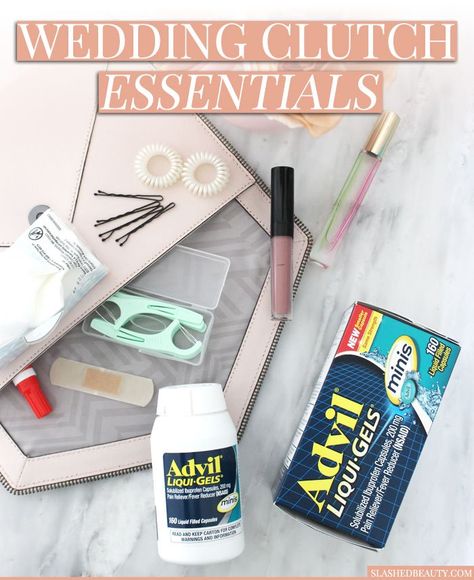 Wondering what to put in your bride emergency kit? Here's a list of products to throw in your wedding clutch to be prepared for anything! #advilrelief #ad Clutch Essentials, Bride Emergency Kit, Bridesmaid Purses, Bag For Wedding, Bride Bag, Budget Beauty, Clutch Bag Wedding, Purse Essentials, Wedding Clutch