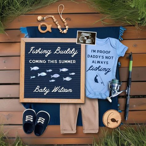 Super cute fishing pregnancy announcement idea perfect for anyone who loves fishing, camping, or outdoors. Customize these cute ideas for a fun announcement to use for social media or to print and send to the new grand parents, family, and friends. Simple and unique way to announce your pregnancy with a perfect fishing aesthetic. Fishing Pregnancy Announcement, Summer Pregnancy Announcement, Pregnancy Scan, Unique Pregnancy Announcement, Boy Announcement, Third Trimester Pregnancy, It's A Boy Announcement, Creative Pregnancy Announcement, Digital Announcement