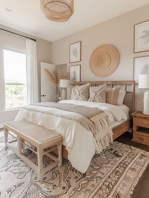 Beige Master Room Aesthetic, Bedroom Inspirations Pop Of Color, Khaki Room Ideas, Brown Neutral Bedroom Aesthetic, Cozy Cream Bedroom, Cream Furniture Bedroom, Beige House Aesthetic, Clean Boho Aesthetic, Tan And White Bedroom