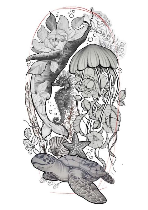 Aquatic Half Sleeve Tattoo, Dolphin Leg Tattoo, Turtle Sleeve Tattoos For Women, Ocean Life Sleeve Tattoo, Dolphin Sleeve Tattoo, Creepy Jellyfish Tattoo, Underwater Tattoo Sleeve Women, Unique Nature Tattoos For Women, Sea Turtle Ocean Tattoo