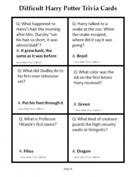 60 difficult questions from the first book, Harry Potter and the Sorcerer's Stone by J. K. Rowling  In a format that makes it easy to print and cut into cards. Or, you can easily copy the list of questions and put them into whichever format you would like.  Good for libraries, trivia contests, parties. Quick and easy. Designed for kids or grown-ups who have read the book. Sorting Hat Quiz Printable, Harry Potter Trivia Questions Printable, Harry Potter House Quiz Printable, Harry Potter Textbooks Printable, Harry Potter Trivia Questions, Harry Potter Questions, Harry Potter Trivia, Harry Potter Trivia Quiz, Book Harry Potter