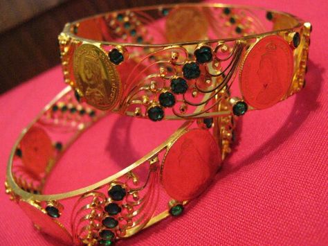 Coin bangles Coin Bangles Gold Indian, Goan Jewellery, Bangel Design, Bangles Gold, Indian Patterns, Bangles Design, Tattoo Designs For Girls, Black Beaded Jewelry, Bangles Indian