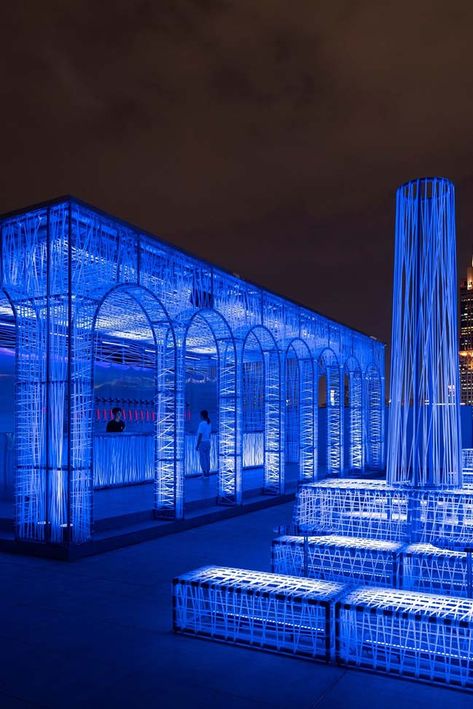 Blue Art Installation, Greek Goddess Of The Night, Goddess Of The Night, Shanghai Night, Rooftop Bar, Ancient Ruins, Greek Goddess, Exhibition Design, Open Air