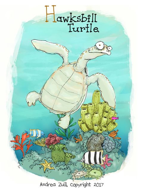 H is for Hawksbill Turtle. Illustration. Ink drawing, digitally colored. Hawksbill Turtle, Turtle Illustration, Water Creatures, Illustration Portfolio, Ink Drawing, Turtles, Snoopy, Portfolio, Fish