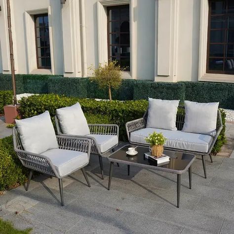 4 Piece Outdoor Patio Furniture Sets, Wicker Conversation Set for Porch Deck, Gray Rattan Sofa Chair with Cushion&Table - On Sale - Bed Bath & Beyond - 35488594 Outdoor Sofa Design, Outdoor Conversation Sets, Porch Deck, Outdoor Patio Furniture Sets, Rattan Sofa, Decks And Porches, Patio Furniture Sets, Outdoor Patio Furniture, Sofa Chair