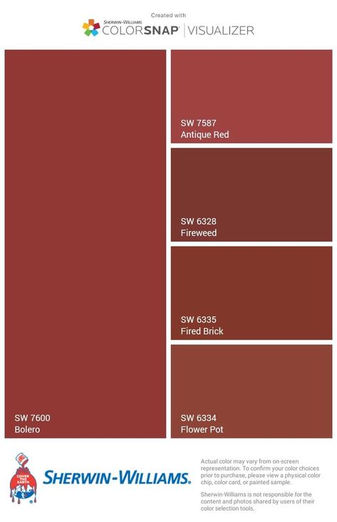 Barnyard Red Paint Color, Flower Pot Sherwin Williams, Red Door Colors Sherwin Williams, Red Paint Colors Sherwin Williams, Sherwin Williams Reds, Red Exterior House Colors, Red House Exterior, Asian Paints Colours, Exterior Door Colors