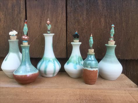 Potion Bottles, Totem bottles, spirit bottles: what story do these little ceramic bottles tell you? Embellished with a variety of semi-precious stones, Czech glass, Swarovsky crystals, natural crystals, hand-blown glass beads, and found objects. Each is unique, made one at a time. Ceramic Potion Bottle, Clay Bottle, Ceramic Bottles, Tiny Bottles, Crystals Natural, Clay Halloween, Pottery Bottles, Pottery Inspo, Clay Works