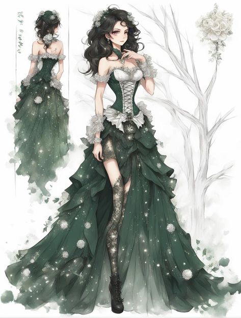 Asgard Dress, Dark Green Gown, Slytherin Dress, Fantasy Dress Design, Game Of Thrones Outfits, Draw Hands, Queen Dresses, Fashion Sketches Dresses, Fantasy Dresses