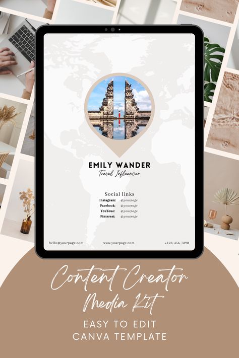 Are you a travel influencer who's looking to start working with brands? Then this media kit is calling your name. This media kit template allows you to plug your unique style, personality and brand - creating a unique brand kit that you can send to your favourite brands! Media Kit Design, Influencer Media Kit, Working With Brands, Travel Influencer, Media Kit Template, Social Link, Sheet Template, Brand Kit, Media Kit
