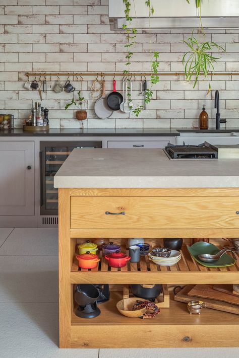 Wooden island with open detail and dovetail drawer Wooden Island, Retro Appliances, Cosy Kitchen, Shaker Furniture, London Kitchen, Cottage Renovation, Shaker Doors, Sustainable Kitchen, Shaker Kitchen