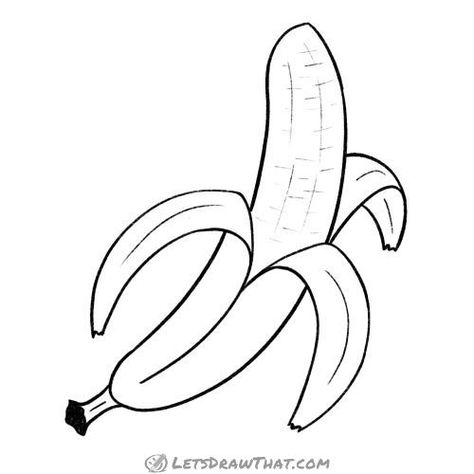 Learn how to draw a banana with the skin half peeled. The peel folds make the drawing more interesting and pop it out into 3D. You will learn a simple way to draw those overlapping banana skin peels. Banana Doodle Drawing, Banana Cartoon Drawing, How To Draw A Banana, Banana Drawing Simple, Out Line Drawing, Drawing Of Banana, Banana Sketch, Fruit Bowl Drawing, Rock Sketch