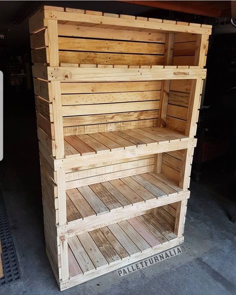 Waiting for the varnish to dry on the 3 cupboards so here's a shelf unit I made a long long time ago. #palletfurnalia #pallets #wood… Pallet Cupboard, Pallet Counter, Diy Toddler Bed, Building A Workbench, Pallet Storage, Kitchen Unit, Pallet Shelves, Pallet Creations, Diy Toddler