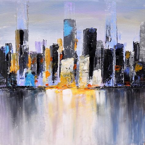 Relaxing demo of easy abstract cityscape painting on canvas using acrylic paints from Daily Art Therapy. Abstract Skyline Painting, City Painting Acrylic Easy, City Painting Easy, Nyc Skyline Art, Abstract City Painting, Abstract Cityscape Painting, Abstract Buildings, City Scape Painting, Sunset Canvas Painting