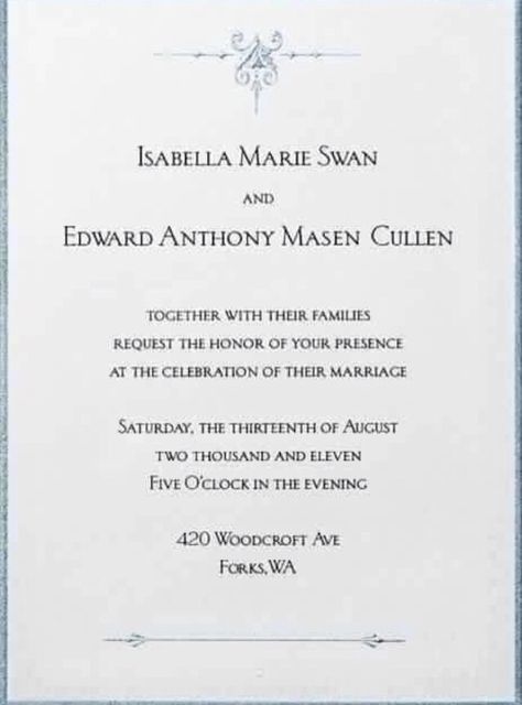 Edward & Bella's wedding invitation. Bella And Edward Wedding, Bella Y Edward, Bella Wedding Dress, Bella Edward, Bella And Edward, Twilight Wedding, Swan Wedding, Twilight Quotes, Free Wedding Invitation Templates