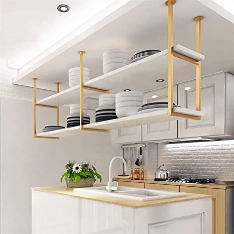 Pan Rack Hanging, Ceiling Shelf, Hanging Kitchen Shelves, Hanging Shelf Kitchen, Pot Rack Kitchen, Suspended Shelves, Salon Simple, Organiser Cucina, Ceiling Shelves