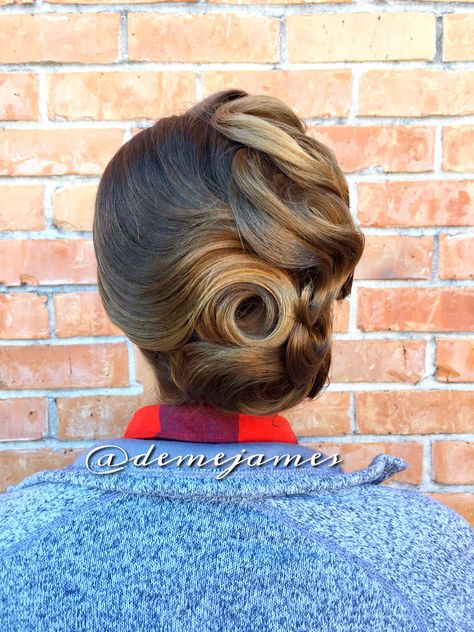 Created this #updo for her Roaring 20's #theme #birthday #party!! #demejames #hairstylist #hairstyle #style #updo #beauty #glam #20s #20shair #flapper #pretty #fashion #DemetriaJames 40s Hairstyles For Long Hair Updo, Old Fashioned Updos, Vintage Formal Hairstyles, 1920s Long Hairstyles, Decade Hairstyles, Old Hollywood Hair Updo, Roaring 20s Hairstyles For Long Hair, 1920s Updo, Old Hollywood Updo