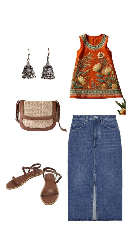 Boho Sling Bag, Jaipuri Kurti, Oxidised Jhumka, Desi Vibes, Brown Flats, Denim Midi Skirt, Sling Bag, Art Girl, Desi