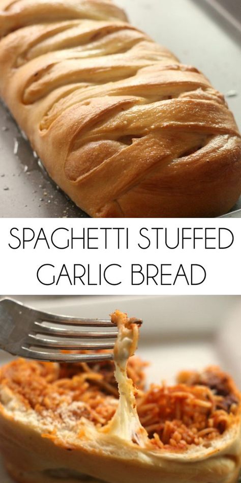 Spaghetti Stuffed Garlic Bread is a fun twist on the classic spaghetti dinner. This lovely braid of bread will be a exciting to cut into revealing the spaghetti, meat sauce, and melted cheese inside. #Spaghetti #GarlicBread #SpaghettiStuffedGarlicBread #Dinner #MomNeedsChocolate Spaghetti Rolls, Spaghetti Braid, Stuffed Sandwiches, Spaghetti Stuffed Garlic Bread, Easy Bread Dough, Spaghetti Bread, Stuffed Garlic Bread, Spaghetti Meat Sauce, Spaghetti Dinner