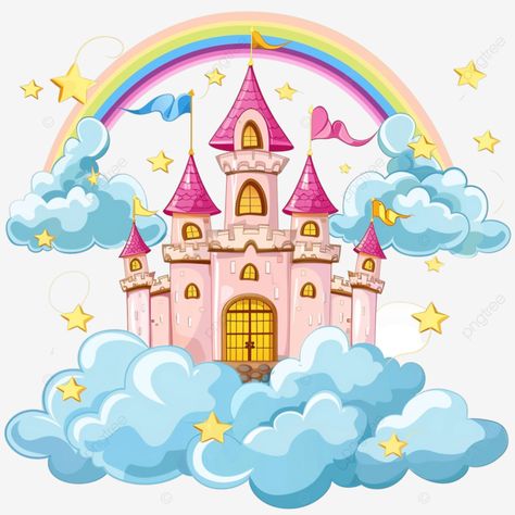 castle princess over clouds with rainbow and stars castle princess cute png Clouds With Rainbow, Cute Png, Abstract Design, Castle, Rainbow, Stars, Color, Design