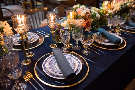 Blue And Gold Dinner Party, Gold Tablescape, Traditional Table Setting, Front Roe, Diner Party, Gold Table Setting, Dinner Party Table Settings, 46th Birthday, 21 Diner