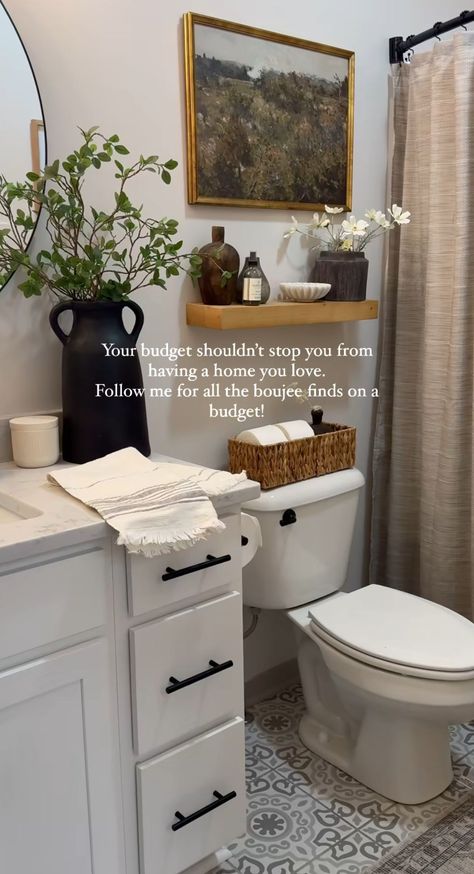 Small Powder Bathroom Decor Ideas, Over Toilet Wall Decor, Farmhouse Bathrooms Small, Minimalist Bathroom With Bathtub, Bathroom Shelf Decor Over Tub, One Shelf Above Toilet, Long Narrow Bathroom Design, Open Shelving Above Toilet, Small Master Bath Decor