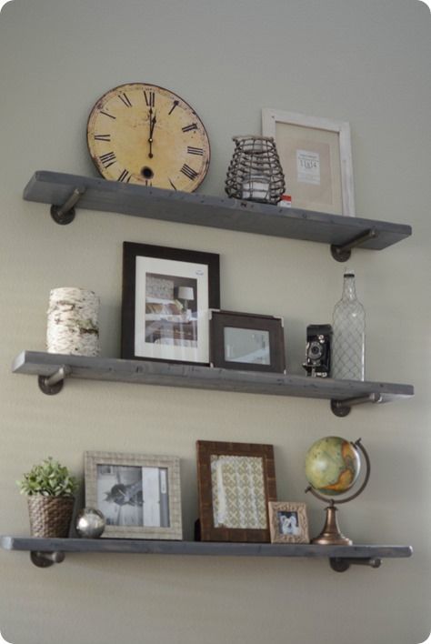 DIY Home Decor | Get the tutorial to make wood and metal wall shelves inspired by Restoration Hardware. Restoration Hardware Shelves, Diy Restoration Hardware, Diy Wood Shelves, Rustic Wall Shelves, Shelves Wood, Reclaimed Wood Shelves, Metal Wall Shelves, Shelf Kitchen, Interior Minimalista