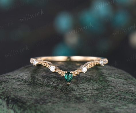 Vintage pear emerald diamond wedding band solid 14k yellow gold art deco leaf nature inspired stacking bridal anniversary ring women gift Matching Emerald Wedding Rings, Emerald And Gold Ring Vintage, Emerald Teardrop Ring, Emerald Wedding Bands For Women, Emerald Engagement Ring Stack, Emerald Engagement Ring Set, Emerald Wedding Rings, Rutilated Quartz Ring, Gold Art Deco