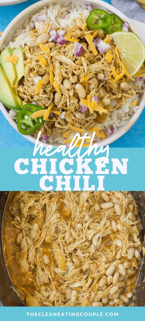 This Easy Healthy White Chicken Chili Recipe is the perfect quick dinner! Make it in the crockpot, instant pot or on the stove. The perfect gluten free, clean eating dinner! Healthy Chicken Chili Instant Pot, Clean Eating White Chicken Chili, Macro White Chicken Chili, Heart Healthy White Chicken Chili, Crockpot Chicken Healthy Clean Eating, Healthy Entrees Clean Eating, Healthy White Chicken Chili Instant Pot, Healthy Chicken Chili Crockpot, Chicken Chili Crockpot Healthy