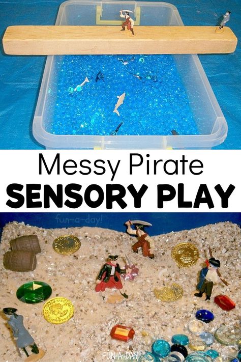 The walk the plank sensory bin will be a hit during your next pirate theme! Love these pirate messy play ideas. Pirates Sensory Activities, Pirate Day Preschool Activities, Preschool Pirates Theme, Pirate Week Preschool Activities, Pirate Theme Preschool Crafts, Pirate Messy Play, Pirates Activities For Toddlers, Pirate Sensory Play, Toddler Pirate Activities