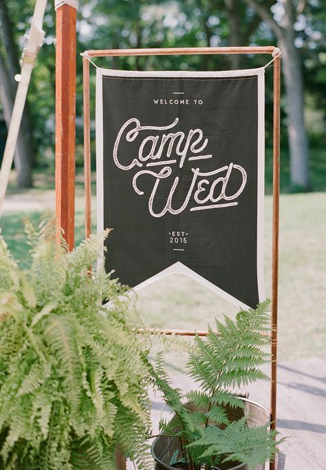 Camp Signage, Camp Wandawega, Campground Wedding, Summer Camp Wedding, Camping Signs, Camp Wedding, Wedding Banner, Lodge Wedding, Camping Theme