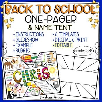 Start the first week of school with a getting to know you activity that will be worth its weight in gold! This Back to School First Week One Pager Activity and Name Tag is a super useful way to get to know your students. It can be folded to create a cute name tent for kids' desks, making it easy to connect names and faces. Or you can display them on an "All About Me" bulletin board to make your classroom look stylish! The icebreaker prompt choices are sure to be a hit  students will get to show Get To Know You School Activities, Back To School Activities For Special Education, Getting To Know You Activities For Middle School, Back To School Night Themes, First Day Of Fifth Grade Activities, First Day Of School Fifth Grade, All About Me One Pager Ideas, First Day Of Third Grade Activities, Get To Know You Activity Elementary