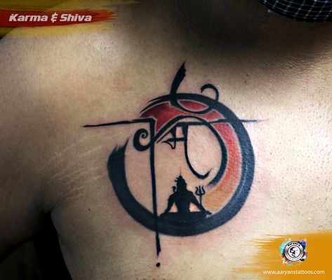 Karma & Lord Shiva! Amazing Chest Tattoo for Guys! Enso Circle an added meaning to the whole concept! Visit Studios to Customise Art piece and get quality Art: Bodakdev: 9099801171 Chandkheda: 7878601172 Nirma: 9727484838 #Aaryans #Ahmedabad Karma Circle Tattoo, Karma Tattoo For Men, Tattoo Karma, Leg Band Tattoos, Indian Tattoo Design, Hindu Tattoos, Hanuman Tattoo, Enso Circle, Mahadev Tattoo