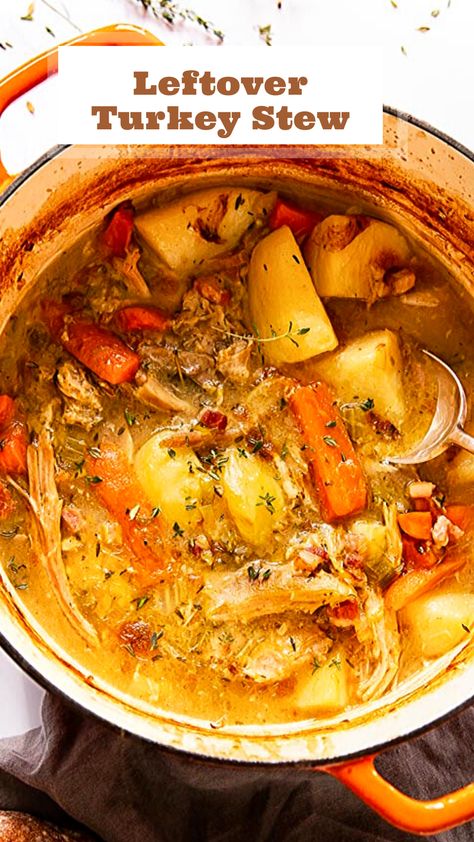 The best use of your leftover turkey is this turkey stew! Leftover Turkey Stew Crockpot, Leftover Turkey Stew Recipes, Turkey Soup With Potatoes, Turkey Soup With Leftover Turkey, Turkey Stock Soup Recipes, Turkey Stew Crockpot, Left Over Turkey Ideas, Turkey Stew Recipes Leftover, Turkey Broth Recipes